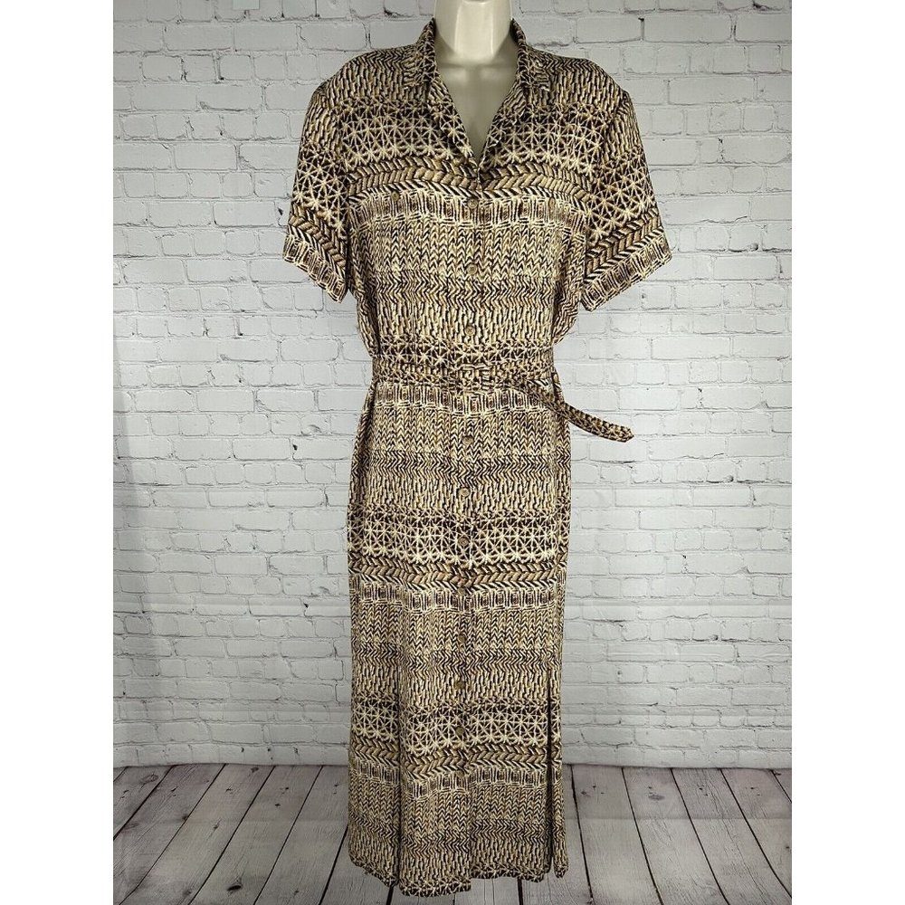 Leslie Fay Long Belted Short Sleeve Button Up Shoulder Pad Shirt Dress Womens 18